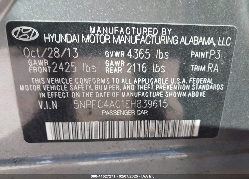 2014 HYUNDAI SONATA VIN: 5NPEC4AC1EH839615