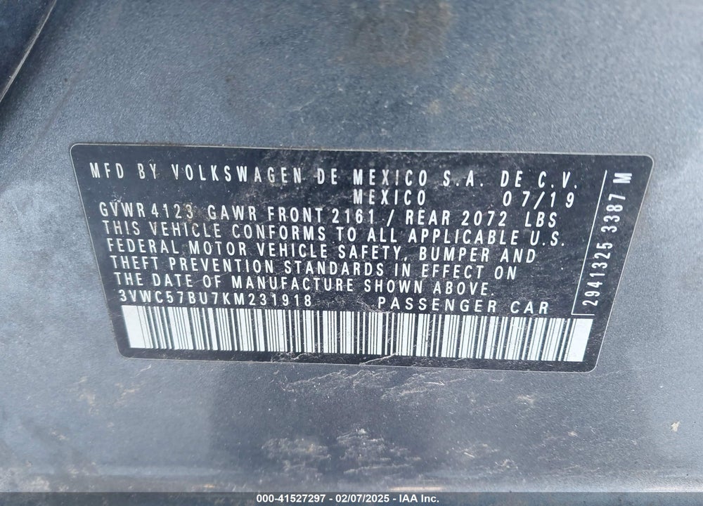 2019 VOLKSWAGEN JETTA VIN: 3VWC57BU7KM231918