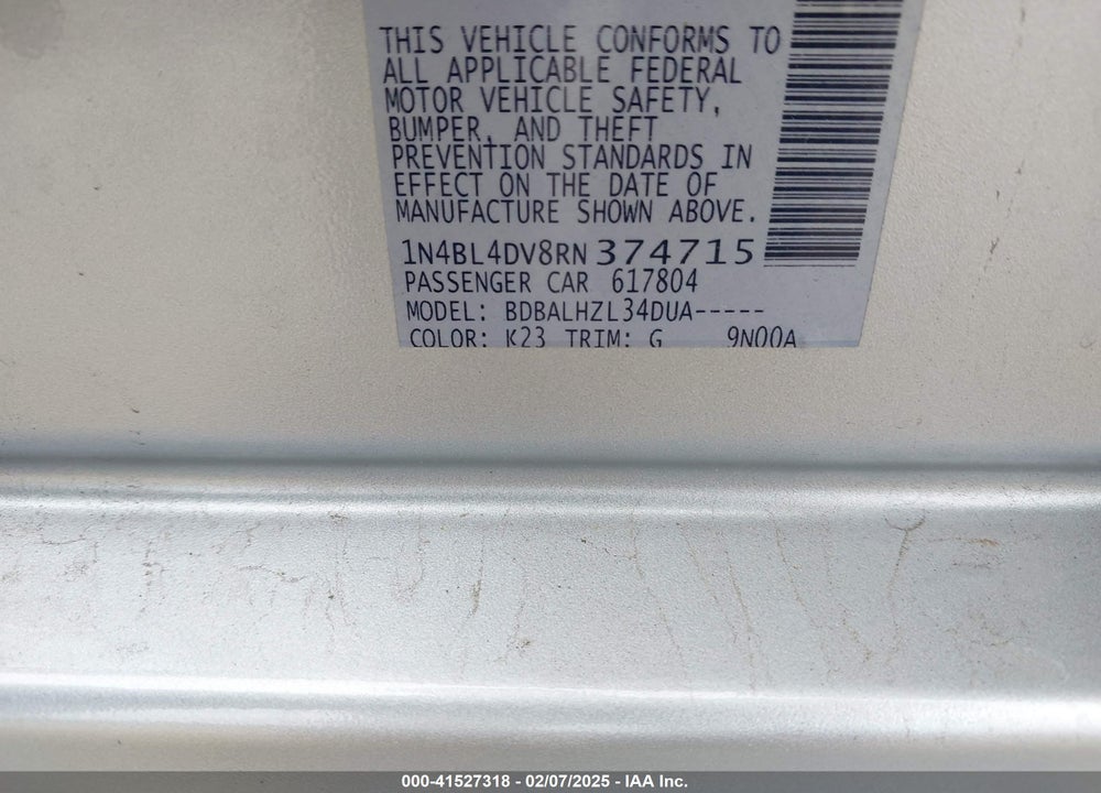 2024 NISSAN ALTIMA SV FWD VIN: 1N4BL4DV8RN374715