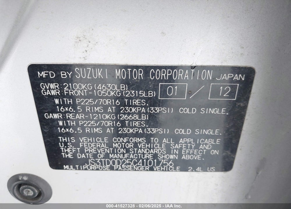 2012 SUZUKI GRAND VITARA PREMIUM VIN: JS3TD0D25C4101756