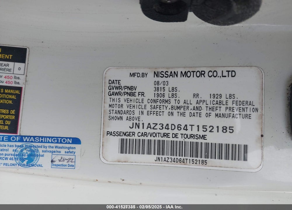 2004 NISSAN 350Z VIN: JN1AZ34D64T152185