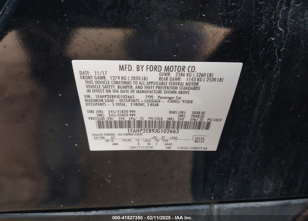 2018 FORD TAURUS VIN: 1FAHP2E89JG102663