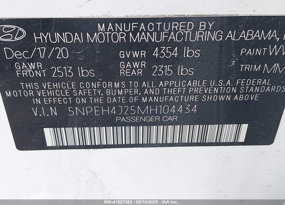 2021 HYUNDAI SONATA VIN: 5NPEH4J25MH104434