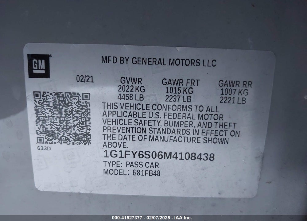 2021 CHEVROLET BOLT EV FWD LT VIN: 1G1FY6S06M4108438