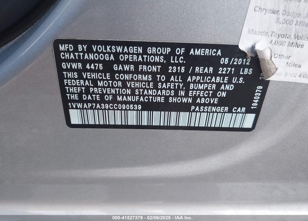 2012 VOLKSWAGEN PASSAT 2.5L S VIN: 1VWAP7A39CC090539