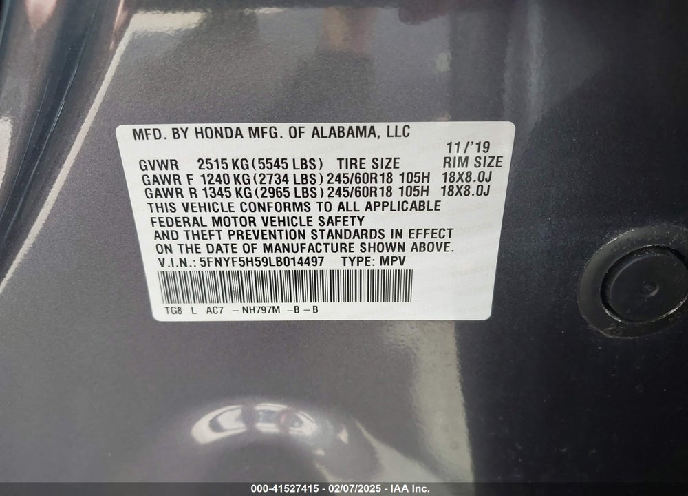 2020 HONDA PILOT 2WD EX-L VIN: 5FNYF5H59LB014497