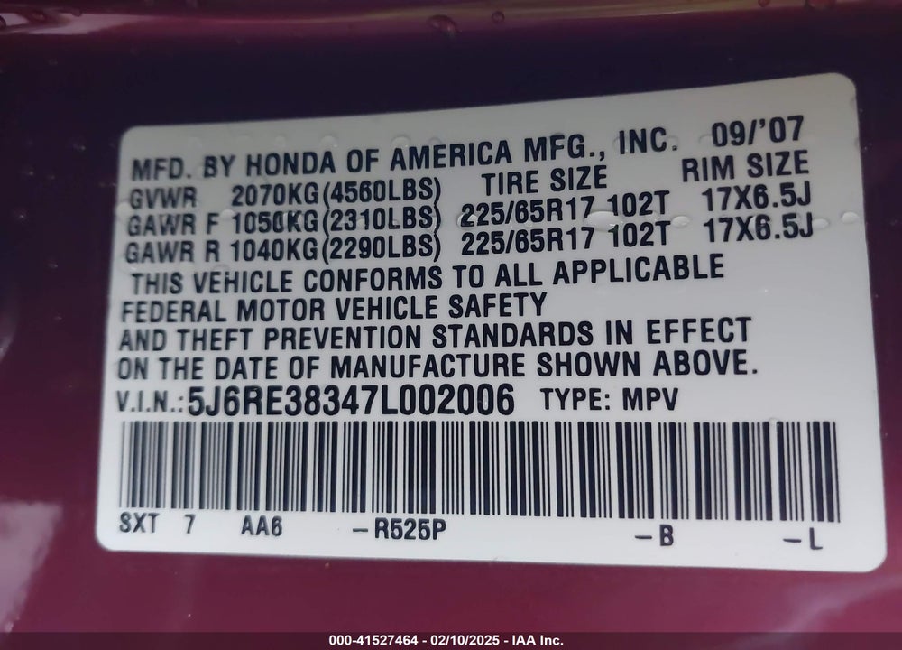 2007 HONDA CR-V VIN: 5J6RE38347L002006