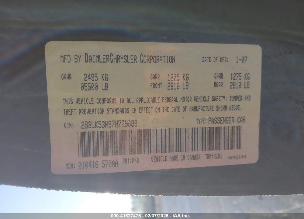 2007 DODGE CHARGER RT VIN: 2B3LK53H97H729689
