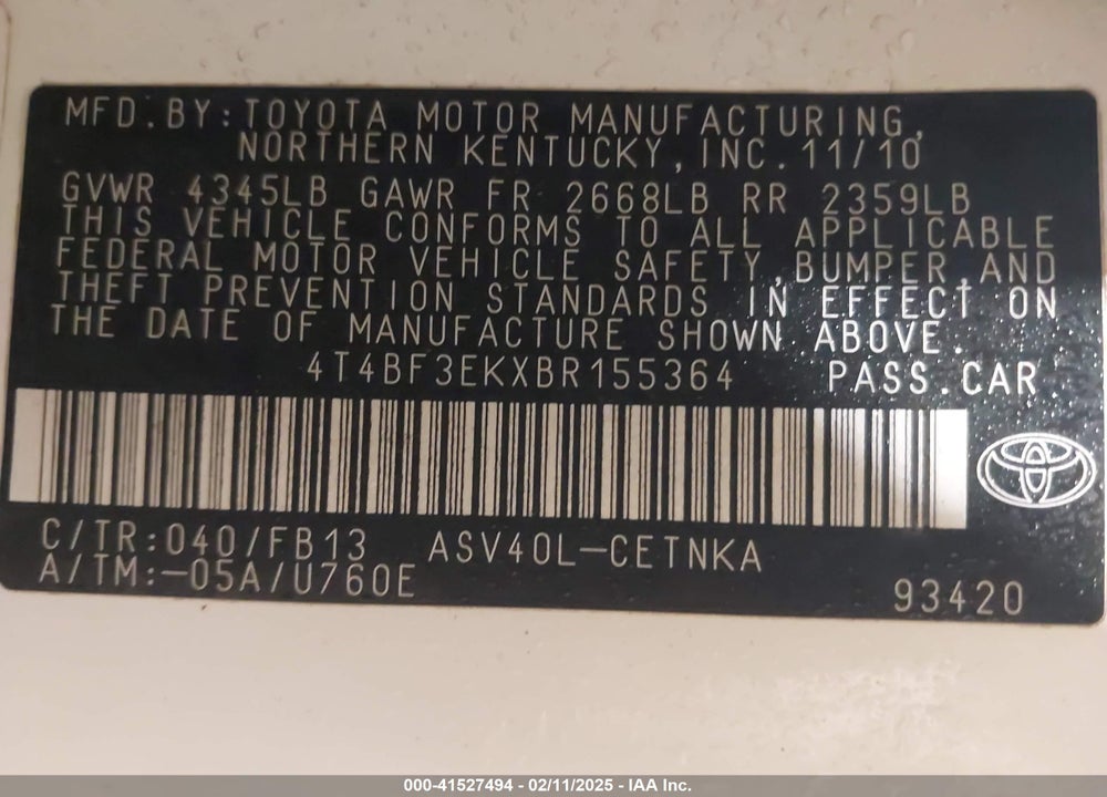 2011 TOYOTA CAMRY LE VIN: 4T4BF3EKXBR155364