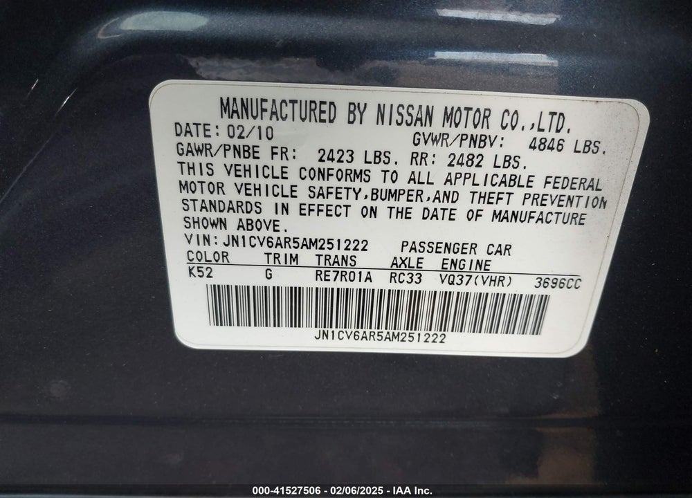 2010 INFINITI G37X VIN: JN1CV6AR5AM251222