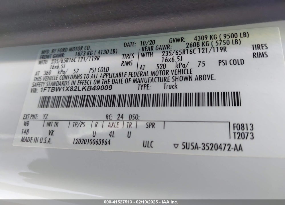 2020 FORD TRANSIT-350 VIN: 1FTBW1X82LKB49009