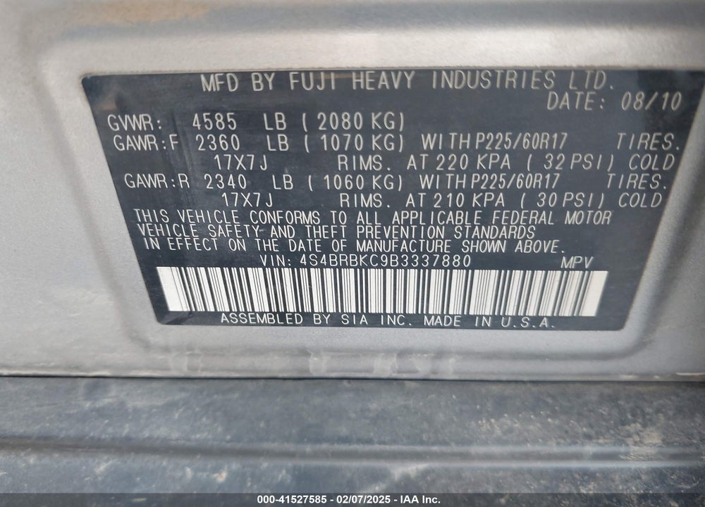 2011 SUBARU OUTBACK 2.5I LIMITED VIN: 4S4BRBKC9B3337880