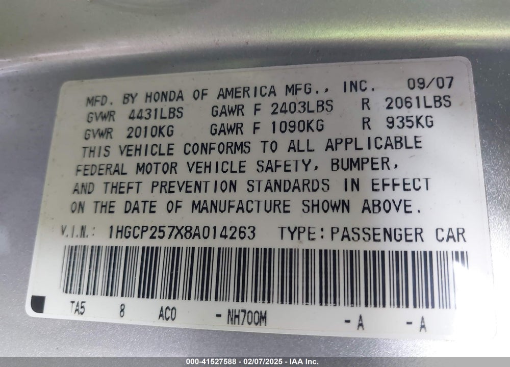 2008 HONDA ACCORD 2.4 EX VIN: 1HGCP257X8A014263