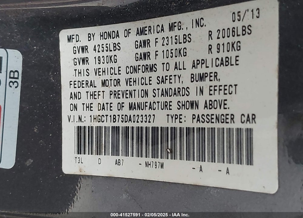 2013 HONDA ACCORD VIN: 1HGCT1B75DA023327