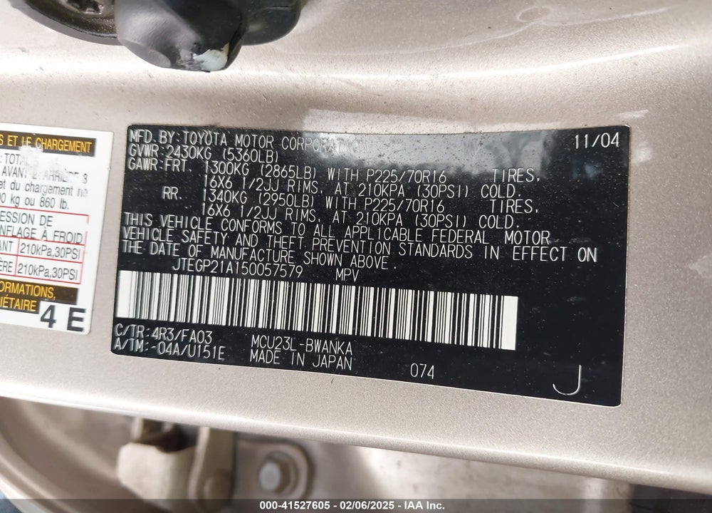 2005 TOYOTA HIGHLANDER V6 VIN: JTEGP21A150057579