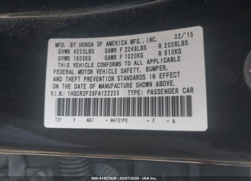 2015 HONDA ACCORD VIN: 1HGCR2F36FA122205