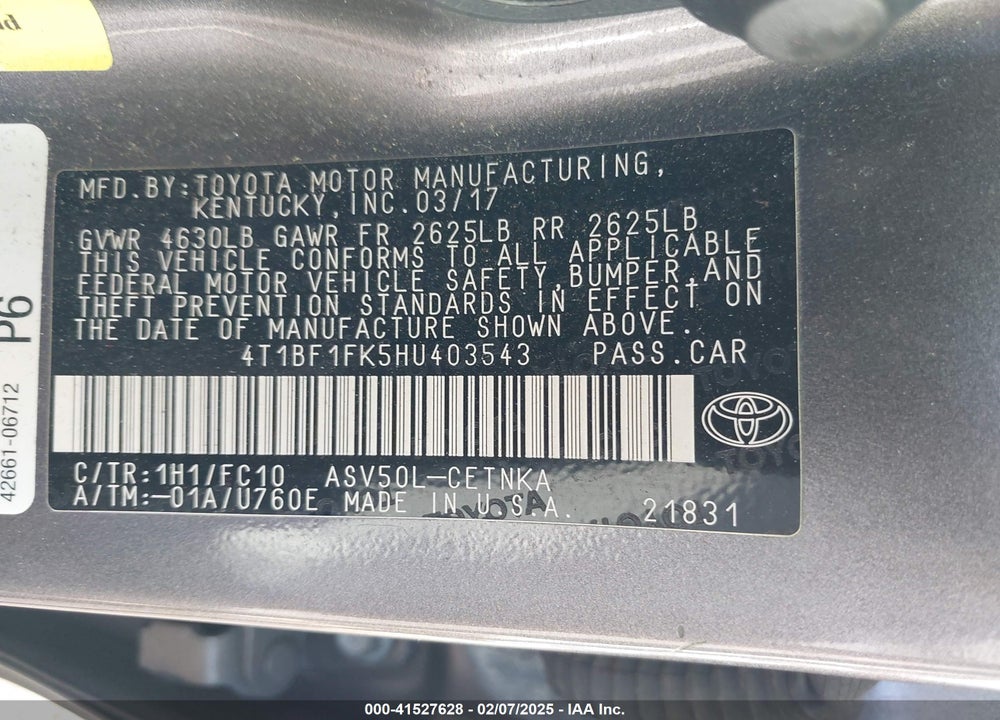2017 TOYOTA CAMRY VIN: 4T1BF1FK5HU403543