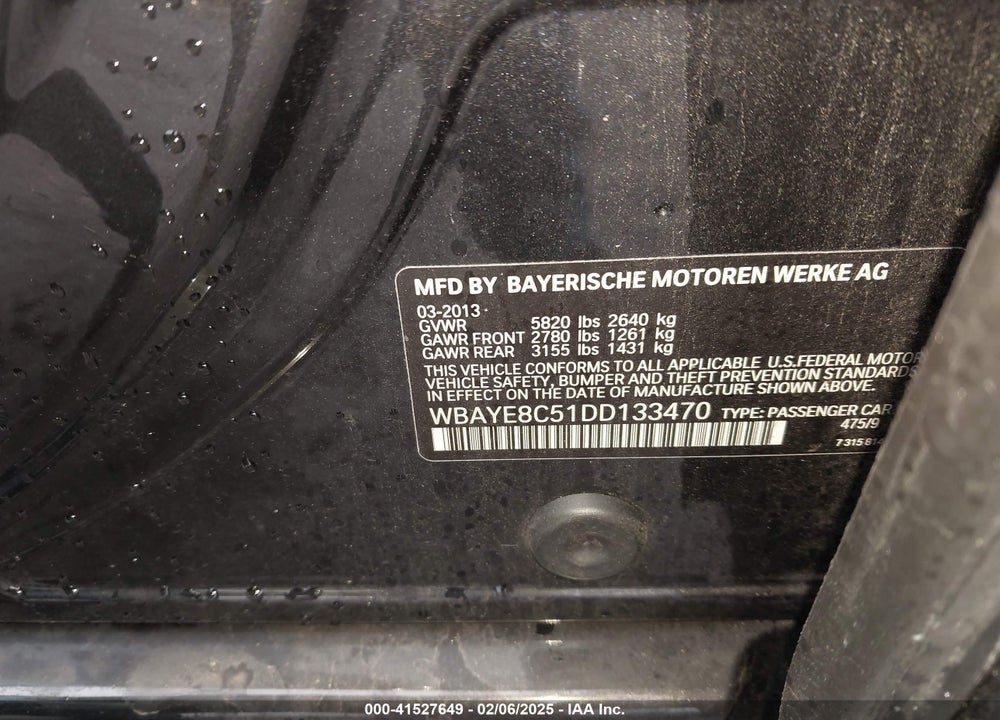 2013 BMW 750LI VIN: WBAYE8C51DD133470