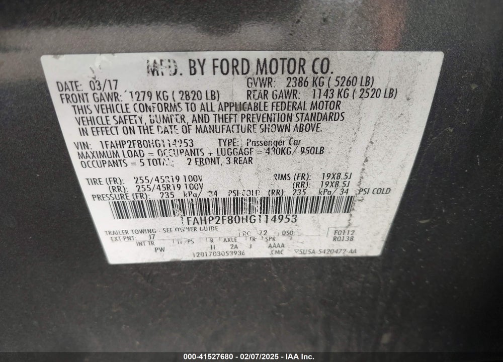 2017 FORD TAURUS LIMITED VIN: 1FAHP2F80HG114953