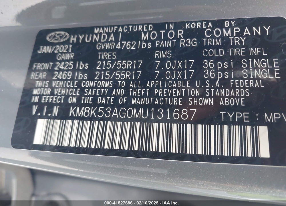 2021 HYUNDAI KONA ELECTRIC VIN: KM8K53AG0MU131687