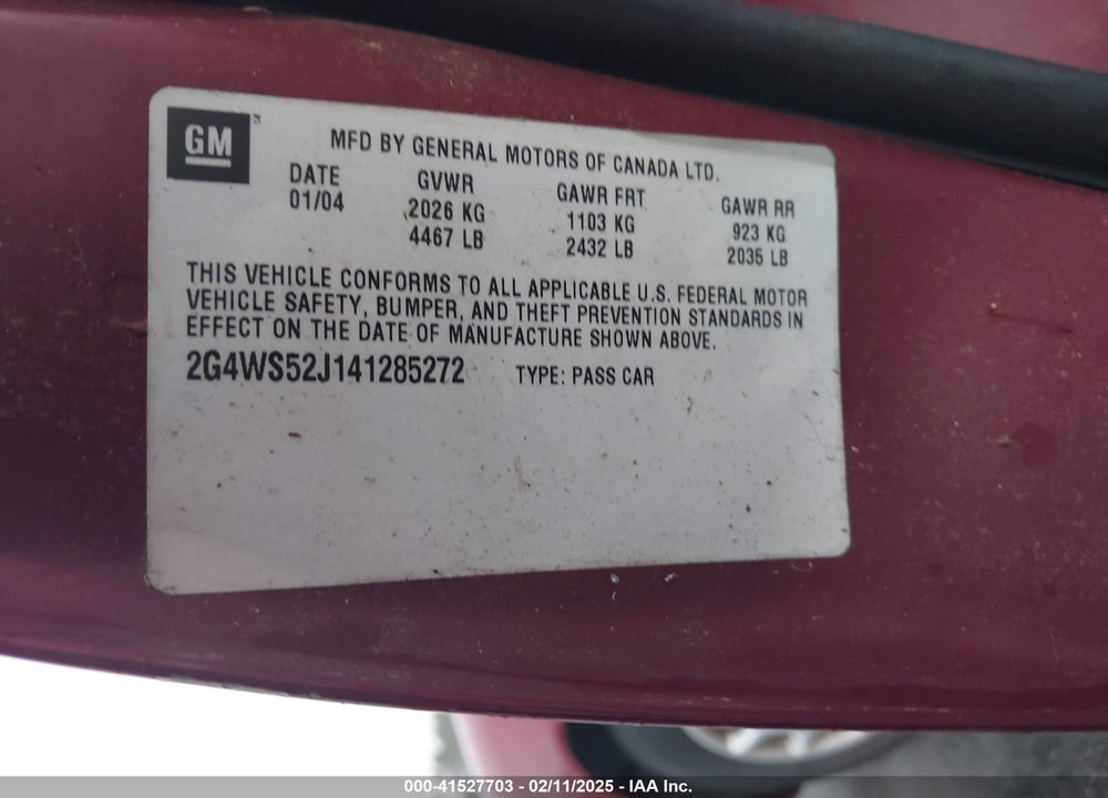 2004 BUICK CENTURY VIN: 2G4WS52J141285272
