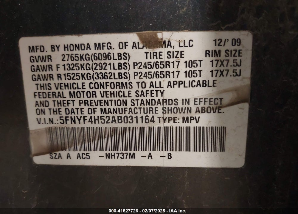 2010 HONDA PILOT EX-L VIN: 5FNYF4H52AB031164