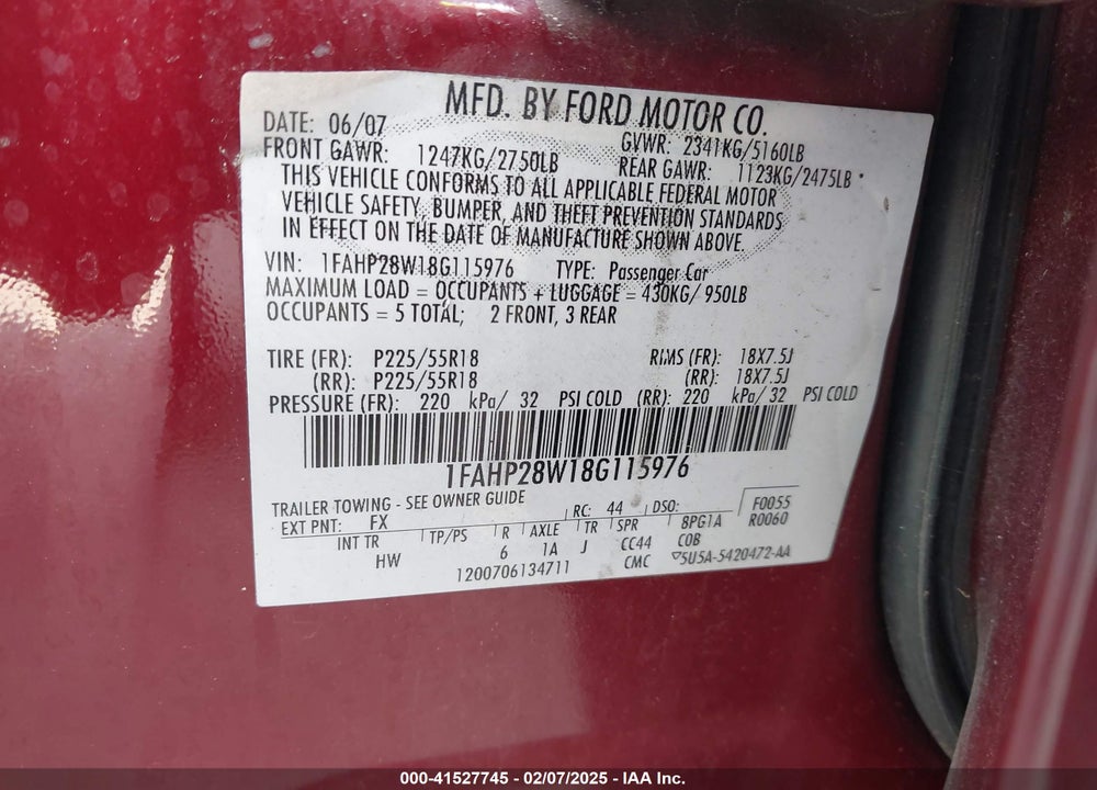 2008 FORD TAURUS LIMITED VIN: 1FAHP28W18G115976