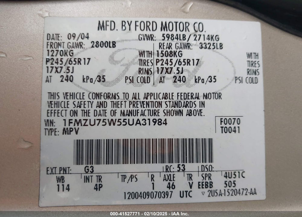 2005 FORD EXPLORER LIMITED VIN: 1FMZU75W55UA31984