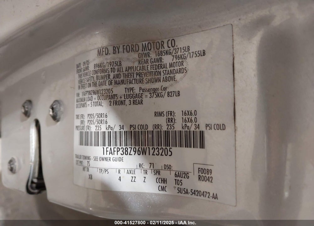 2006 FORD FOCUS VIN: 1FAFP38Z96W123205