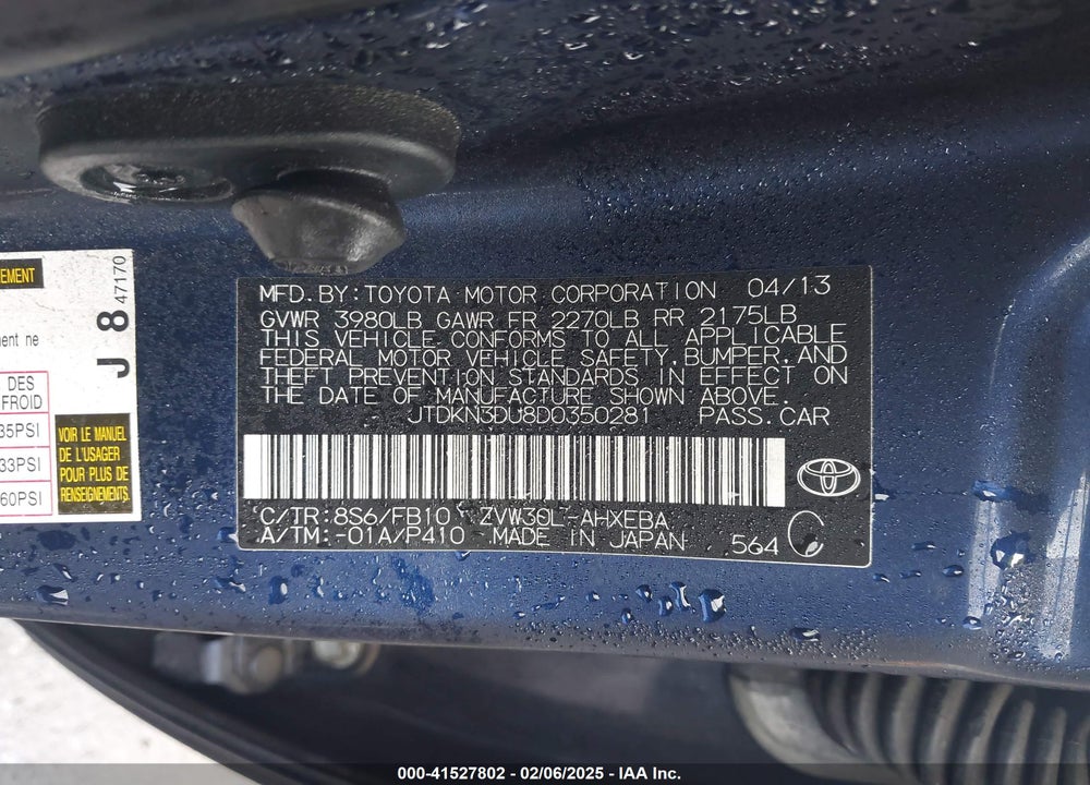 2013 TOYOTA PRIUS VIN: JTDKN3DU8D0350281
