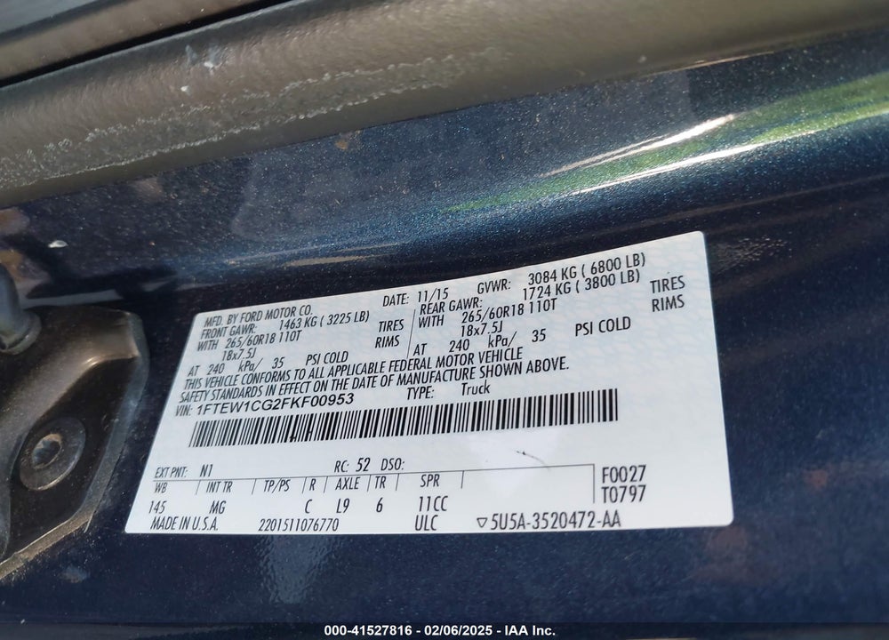 2015 FORD F-150 VIN: 1FTEW1CG2FKF00953