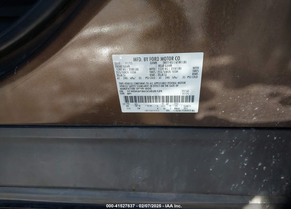 2016 FORD EXPLORER LIMITED VIN: 1FM5K8F88GGB26129