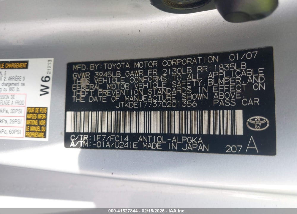 2007 SCION TC VIN: JTKDE177370201356