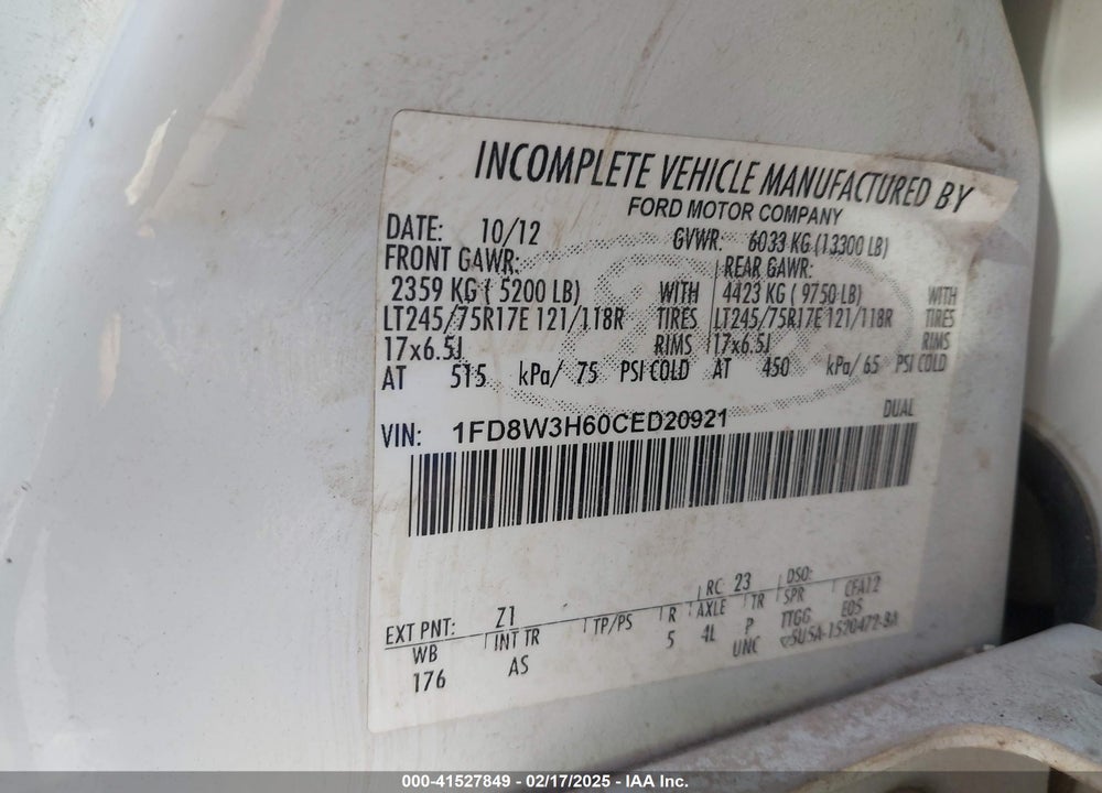 2012 FORD F-350 CHASSIS XL VIN: 1FD8W3H60CED20921