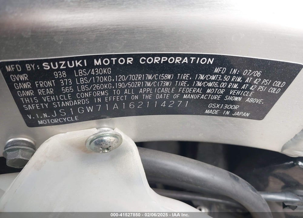 2006 SUZUKI GSX1300 R VIN: JS1GW71A162114271