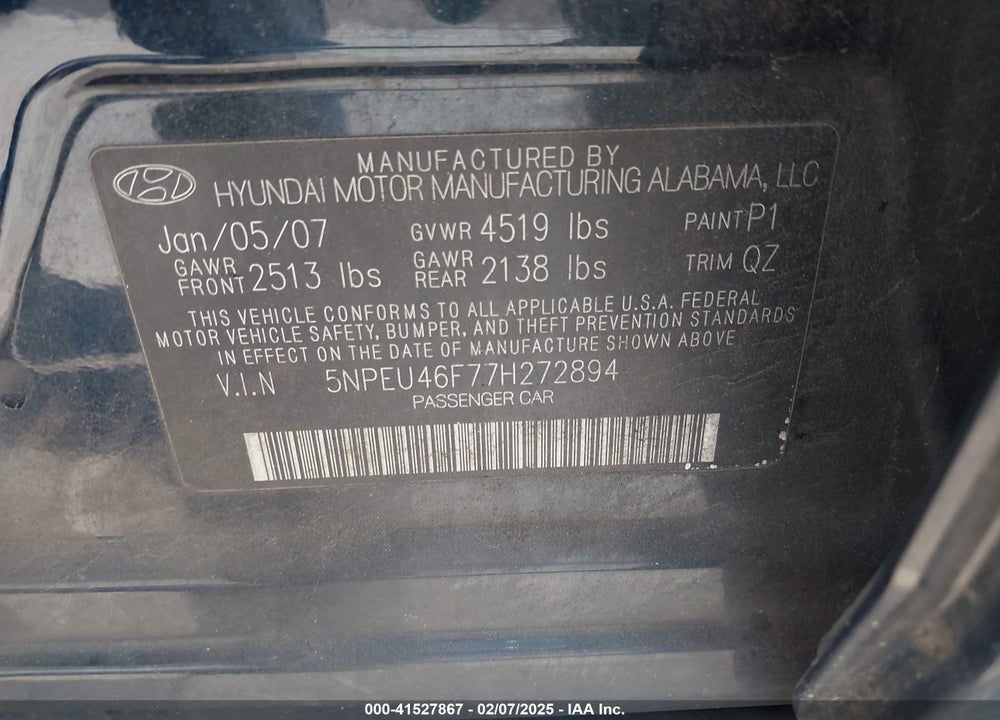 2007 HYUNDAI SONATA VIN: 5NPEU46F77H272894