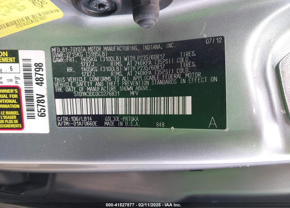 2012 TOYOTA SIENNA XLE V6 8 PASSENGER VIN: 5TDYK3DC0CS276831