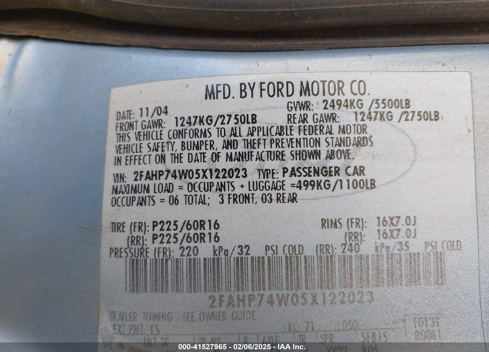 2005 FORD CROWN VICTORIA LX/LX SPORT VIN: 2FAHP74W05X122023