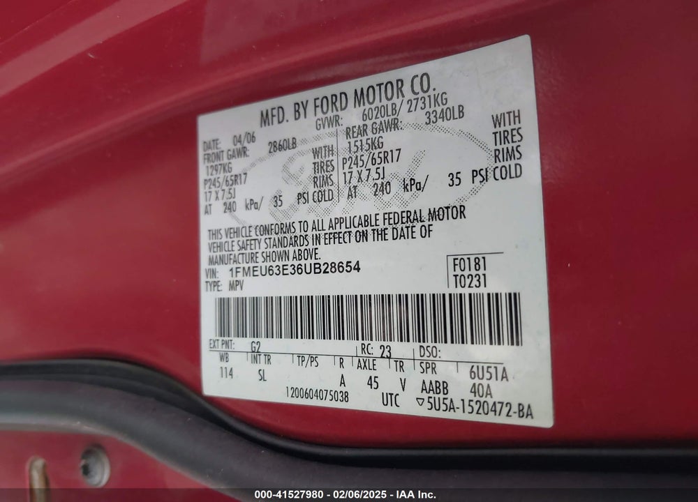 2006 FORD EXPLORER XLT VIN: 1FMEU63E36UB28654