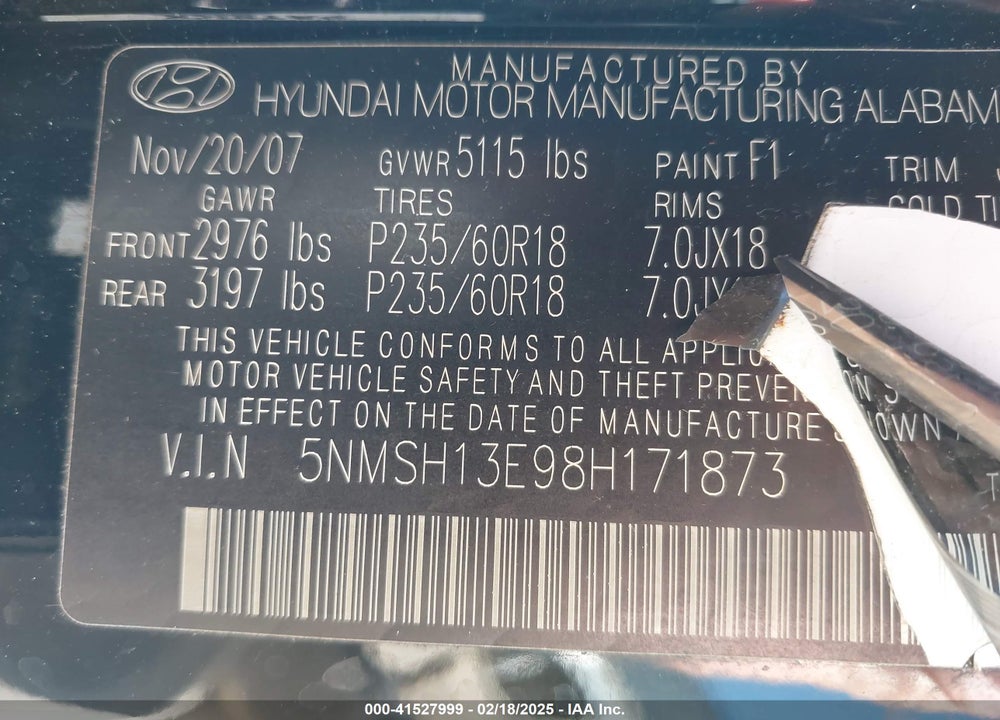 2008 HYUNDAI SANTA FE LIMITED/SE VIN: 5NMSH13E98H171873