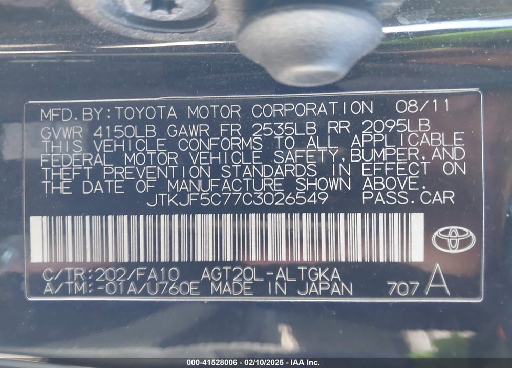 2012 SCION TC VIN: JTKJF5C77C3026549