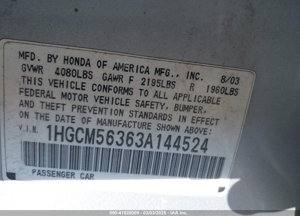 2003 HONDA ACCORD 2.4 LX VIN: 1HGCM56363A144524