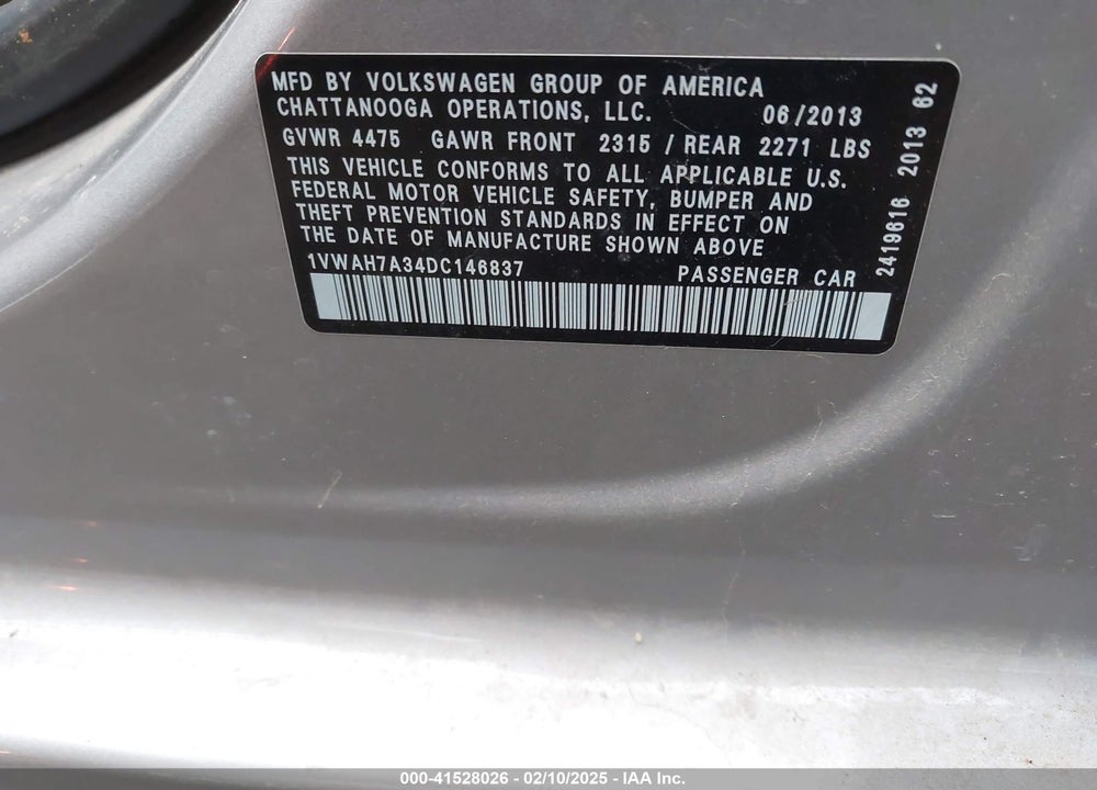 2013 VOLKSWAGEN PASSAT VIN: 1VWAH7A34DC146837