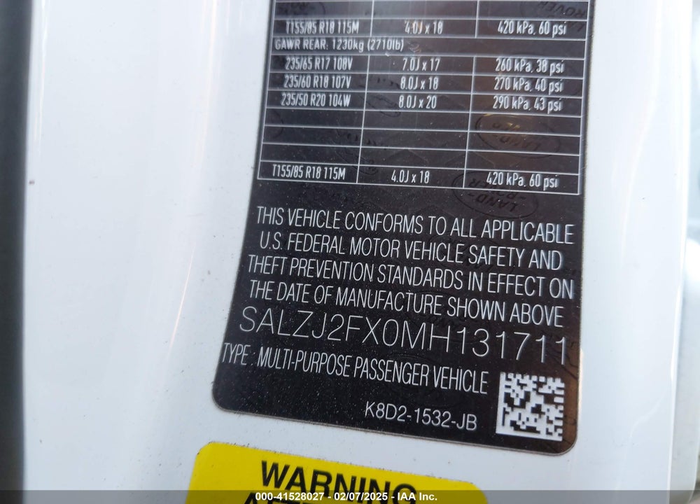 2021 LAND ROVER RANGE ROVER EVOQUE S VIN: SALZJ2FX0MH131711