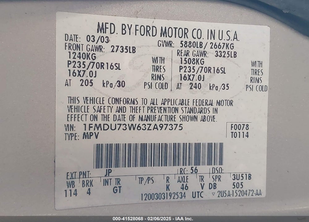 2003 FORD EXPLORER VIN: 1FMDU73W63ZA97375