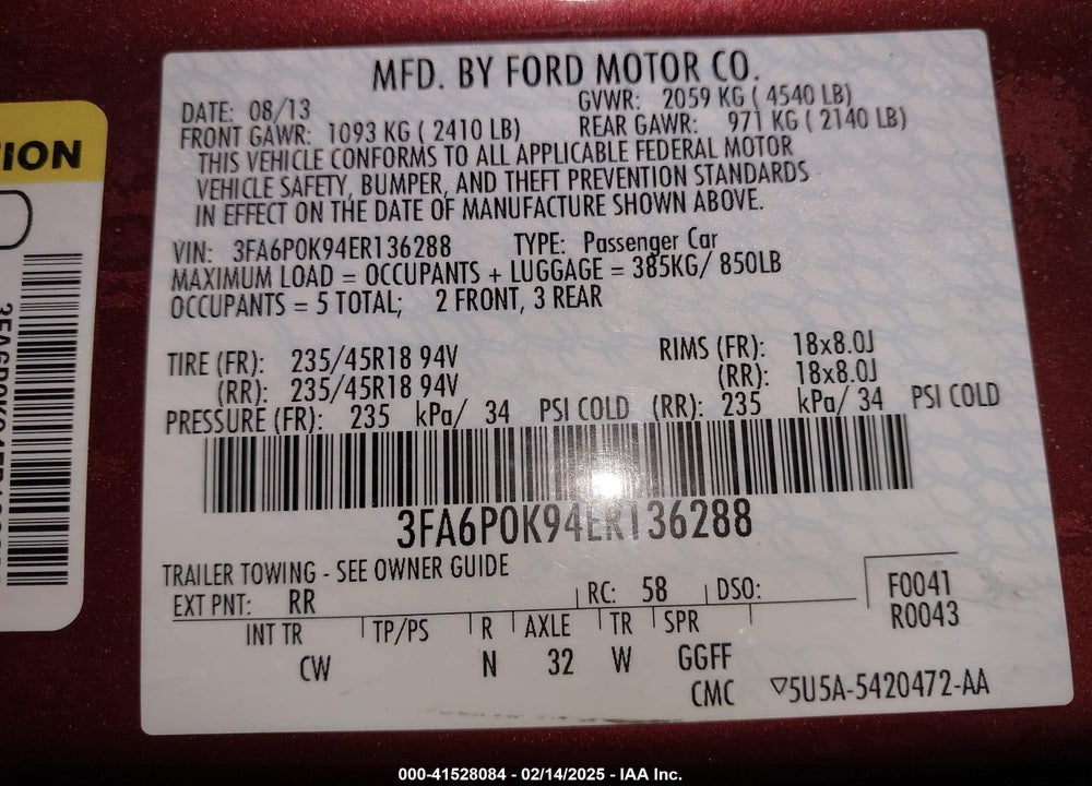 2014 FORD FUSION VIN: 3FA6P0K94ER136288
