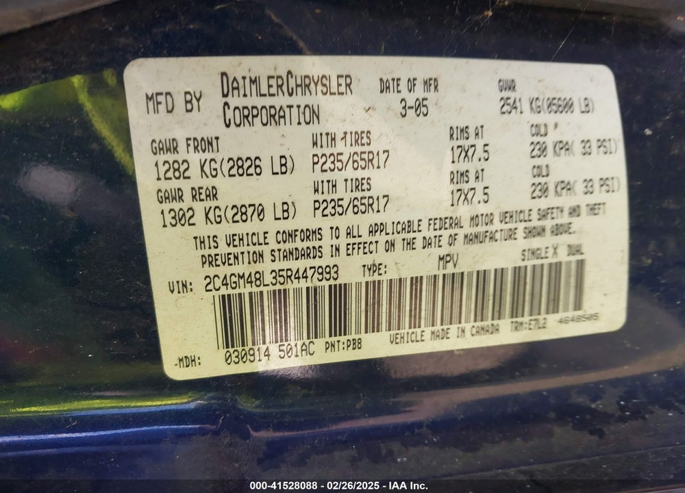 2005 CHRYSLER PACIFICA VIN: 2C4GM48L35R447993