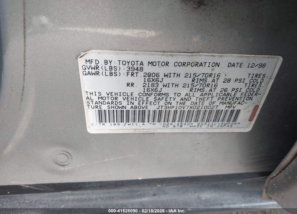 1999 TOYOTA RAV4 VIN: JT3HP10V7X0210027