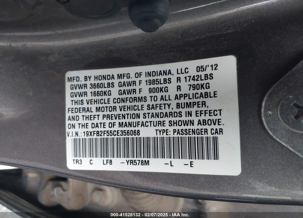 2012 HONDA CIVIC LX VIN: 19XFB2F55CE356068