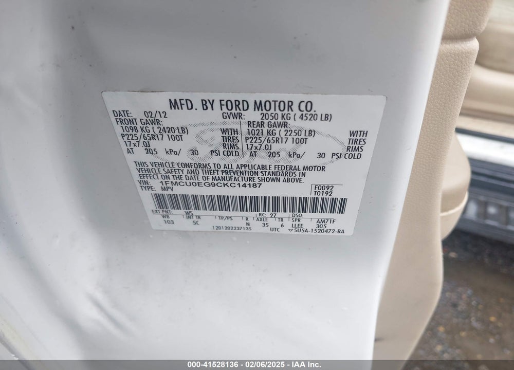 2012 FORD ESCAPE LIMITED VIN: 1FMCU0EG9CKC14187